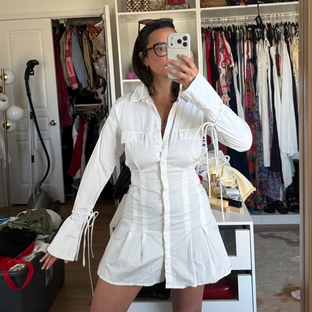White Button-Front Mini Shirt Dress